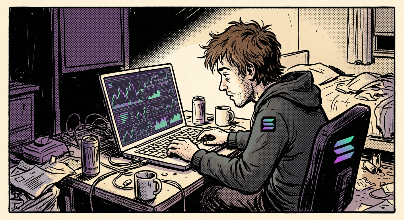 A scruffy guy in a grey hoodie hunched over a laptop full of tiny charts in a messy bedroom at night.
