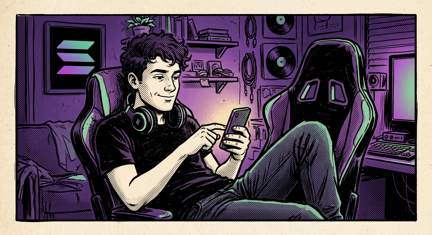 A relaxed trader with curly hair, a black tee and headphones tapping his phone in a gaming chair.