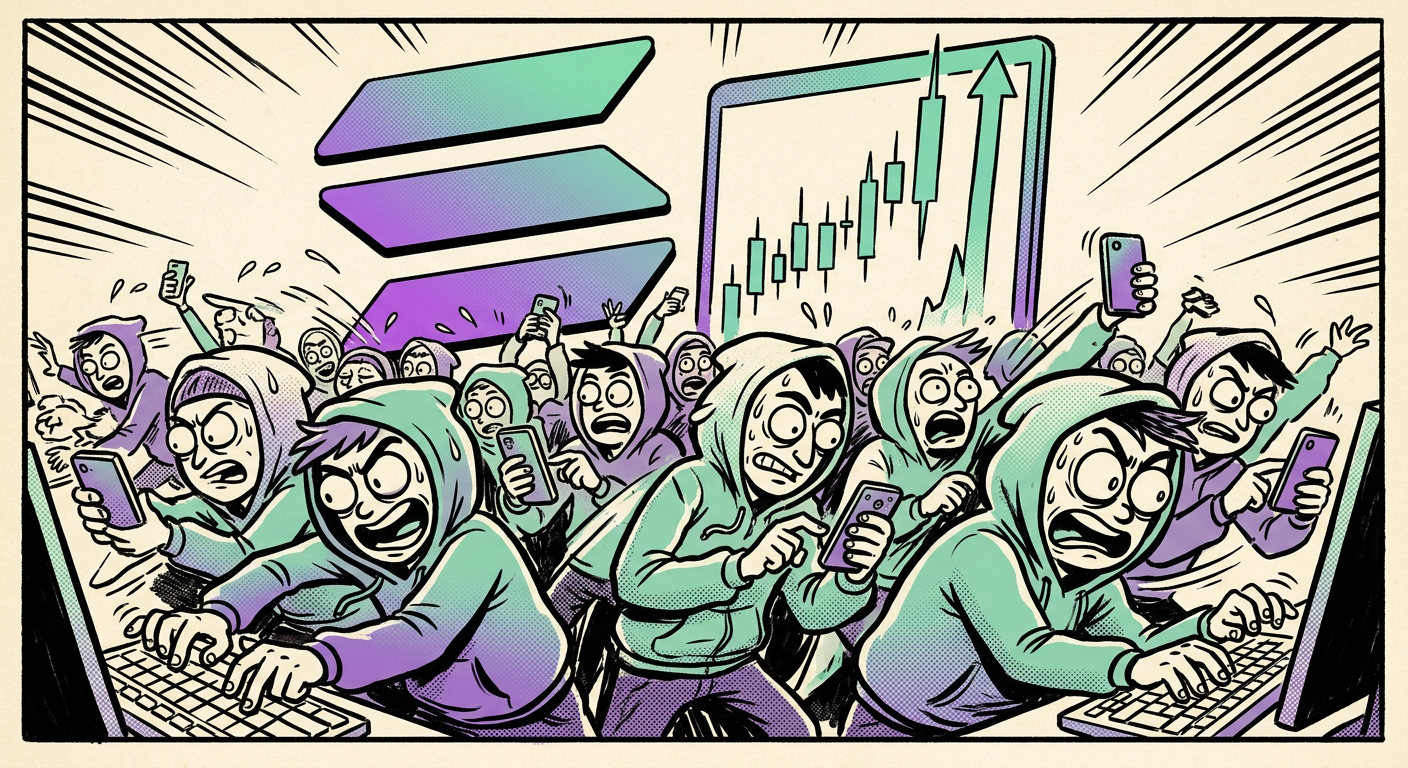 A frantic crowd smashing buy buttons on phones and keyboards under a giant Solana logo while a teal chart rockets upward.
