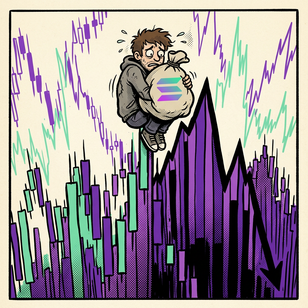 Anon sits alone on the peak of a candlestick chart clutching a Solana money bag as the line plunges behind him.