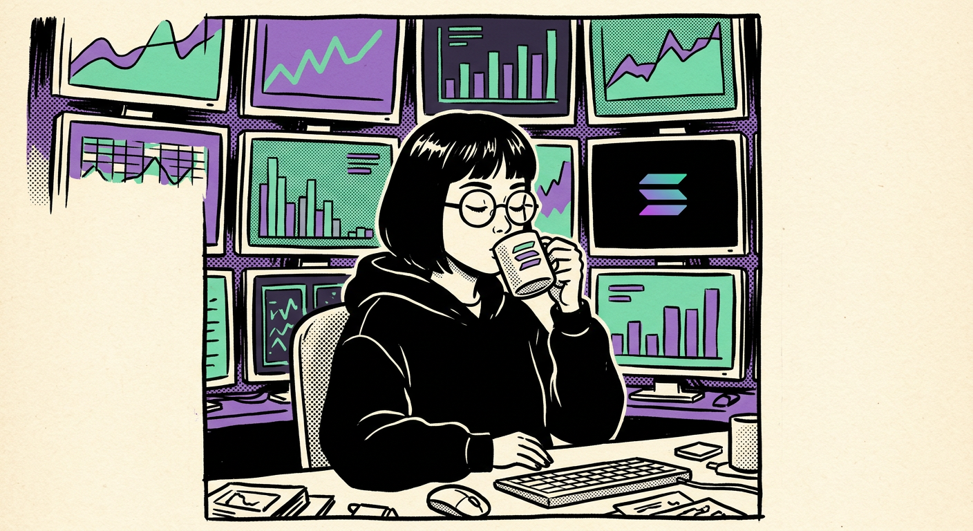 A calm trader with a short bob, round glasses and a black hoodie sipping coffee in front of a wall of twelve glowing chart monitors.