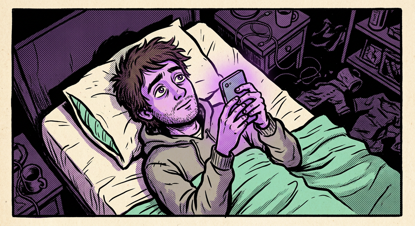 Anon lying in bed typing hopefully on a glowing phone held above his face.
