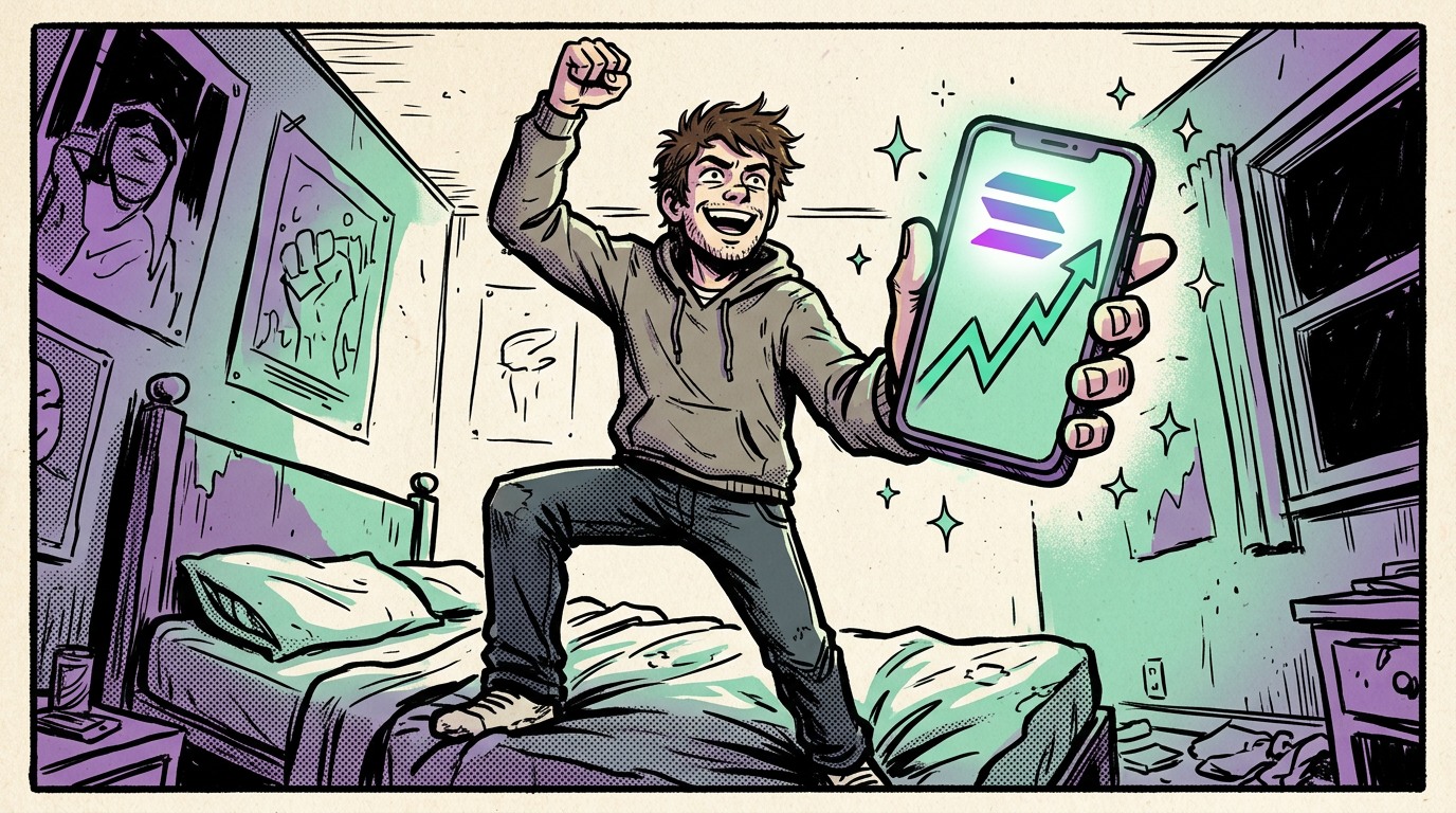 Anon standing on his bed with a fist raised, holding a phone with a green chart, grinning.