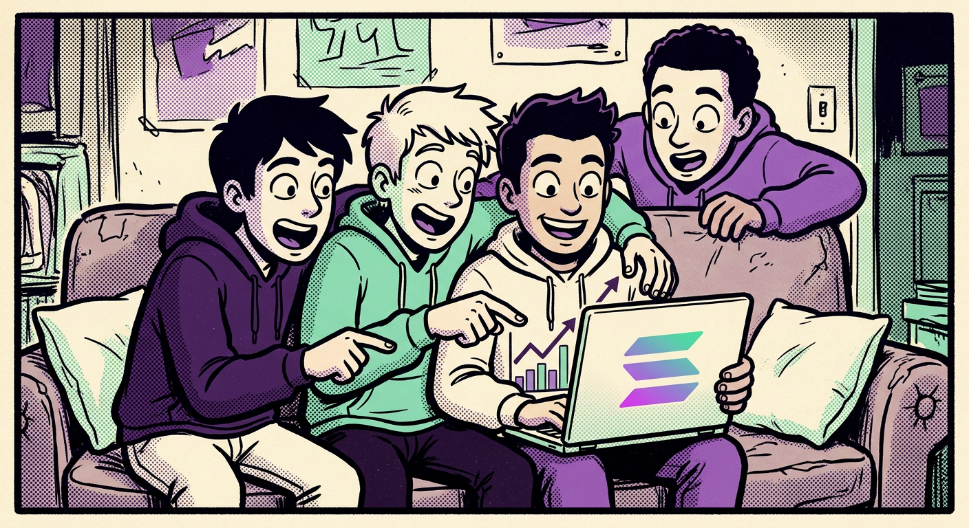 Four excited friends in hoodies crowded around a laptop on a couch, pointing at the screen.