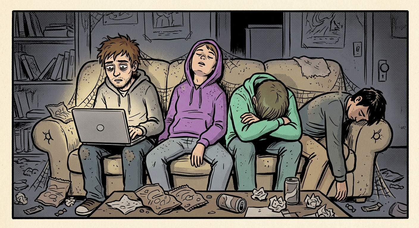 The same friends slumped on the couch hours later, covered in cobwebs, one still staring at the laptop.