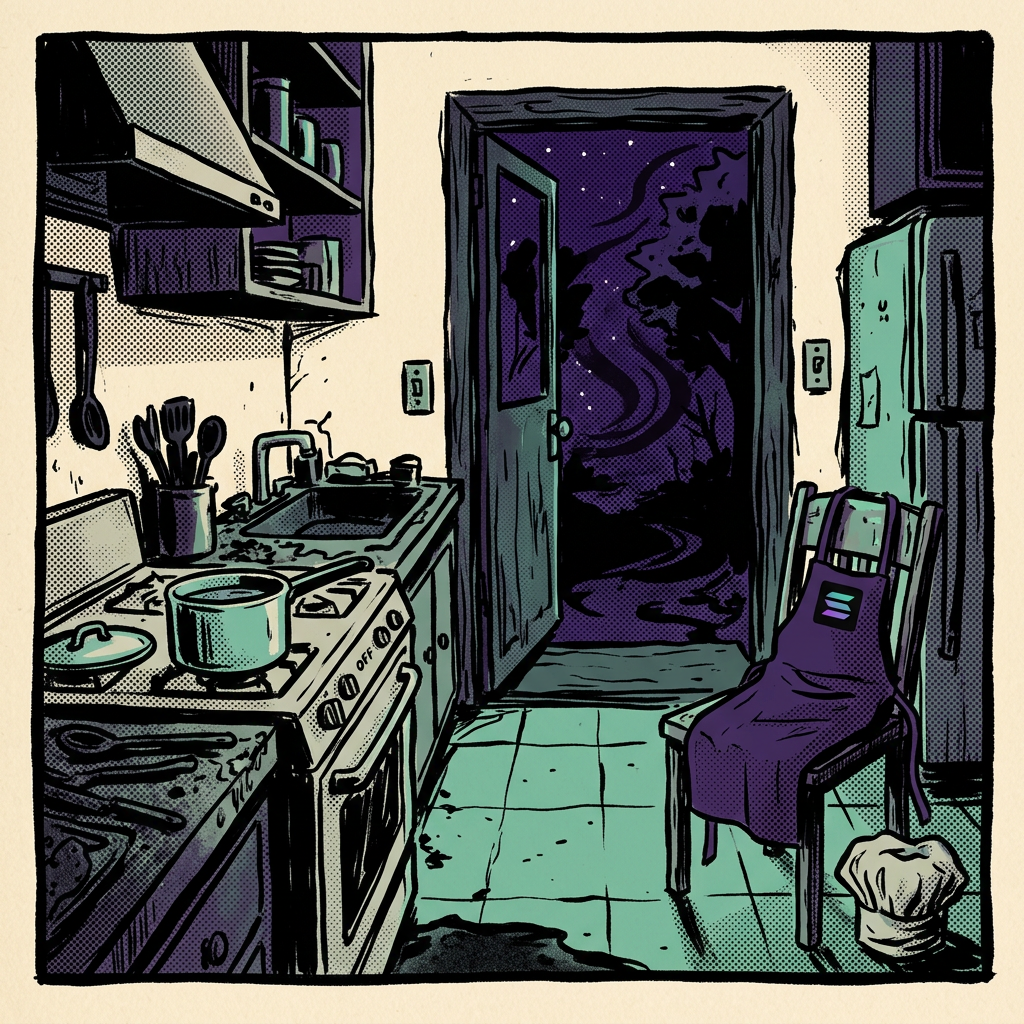 An empty kitchen, a cold pot on a switched-off stove, an abandoned chef hat and the back door open to the night.