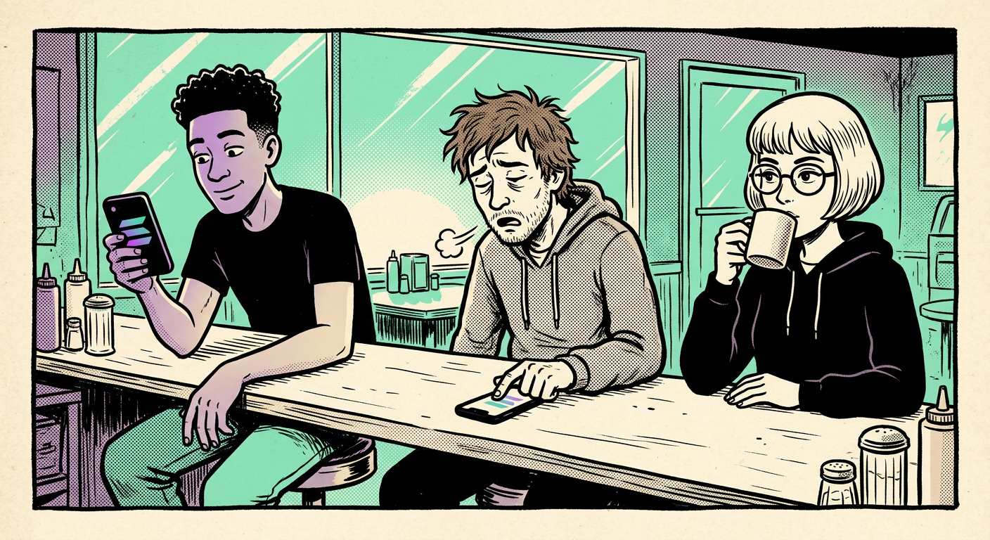 At a diner counter at sunrise, Rico shows Anon a phone while Juno sips coffee; Anon sighs and reaches for his own phone.